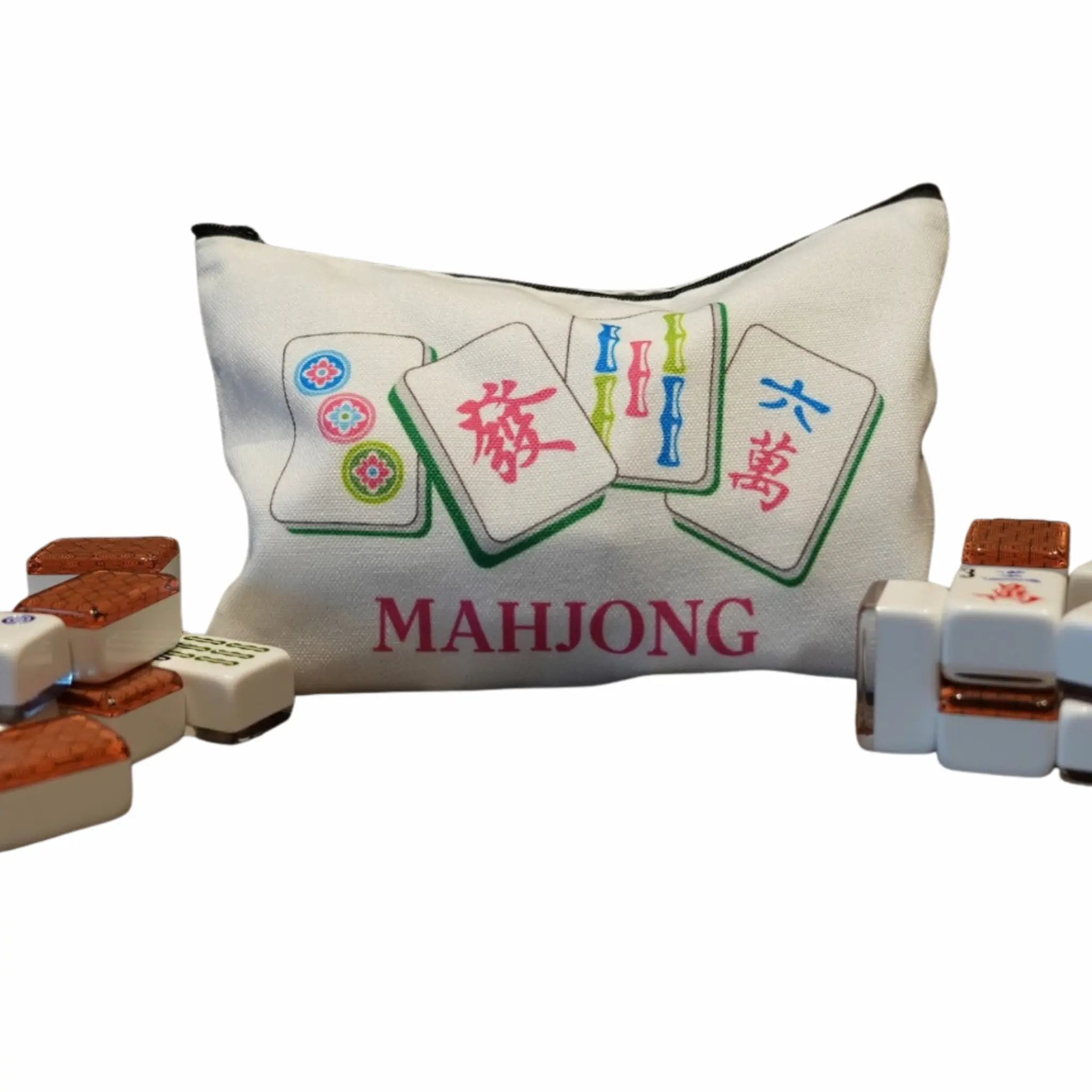 Mahjong Cosmetic Bag with tiles on a white background