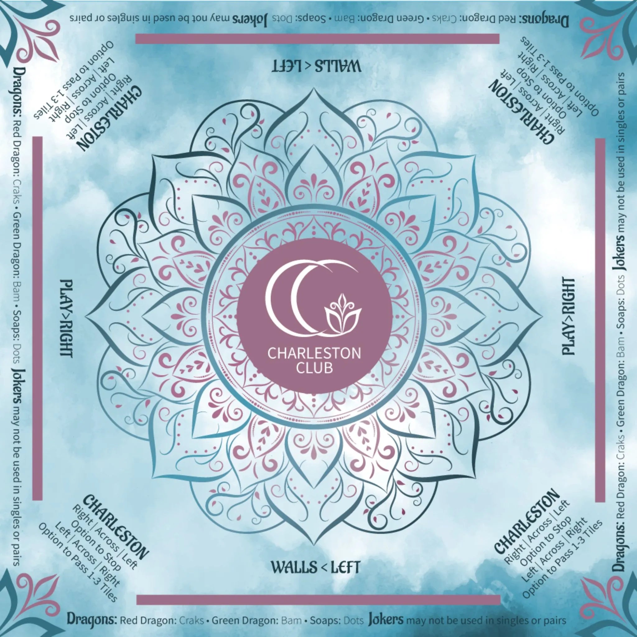 Mah jongg table mat with Charleston rules printed, blue mandala style neoprene mat with directional play guide 
