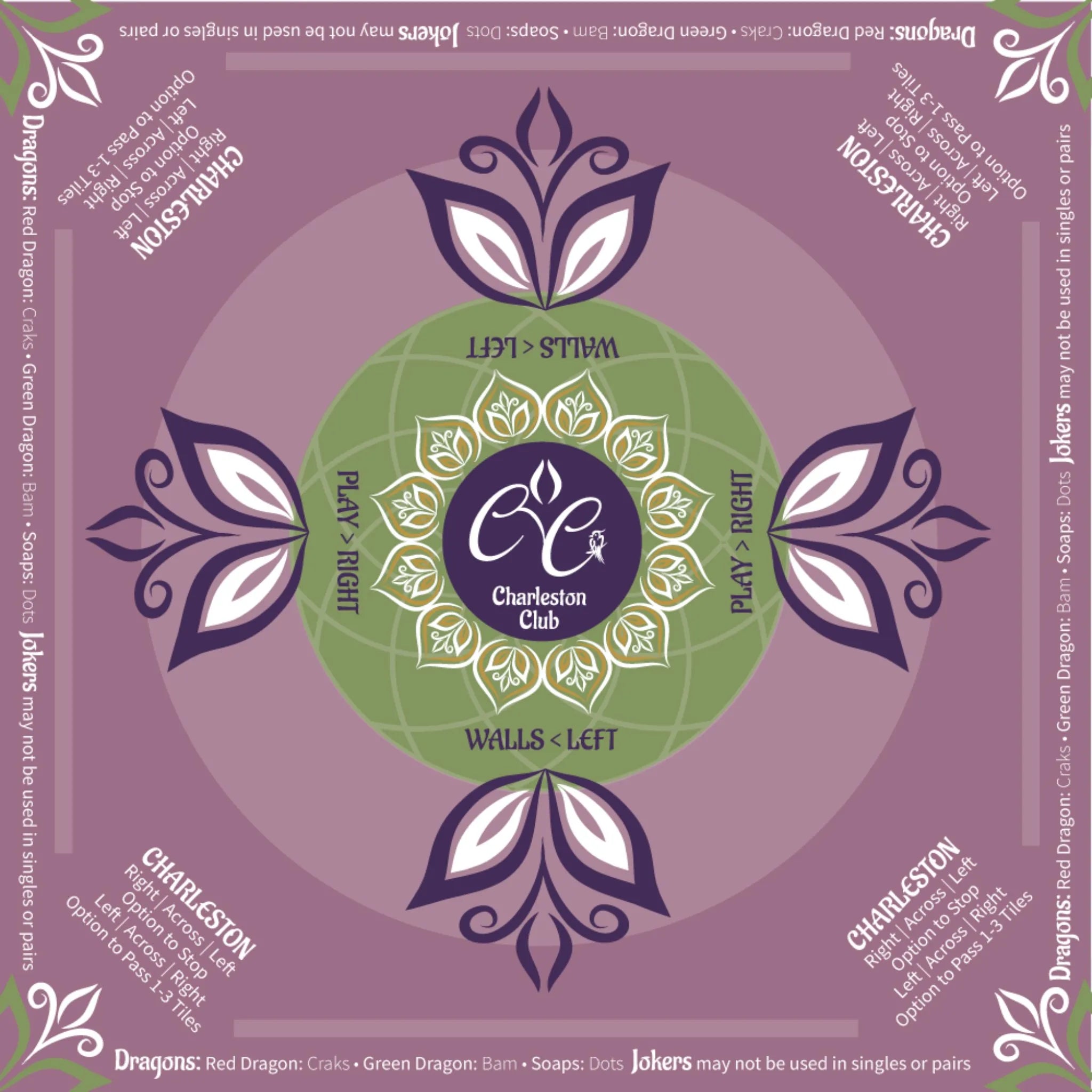 Mah jongg table mat with Charleston rules printed, purple and green square neoprene mat with directional play markings 