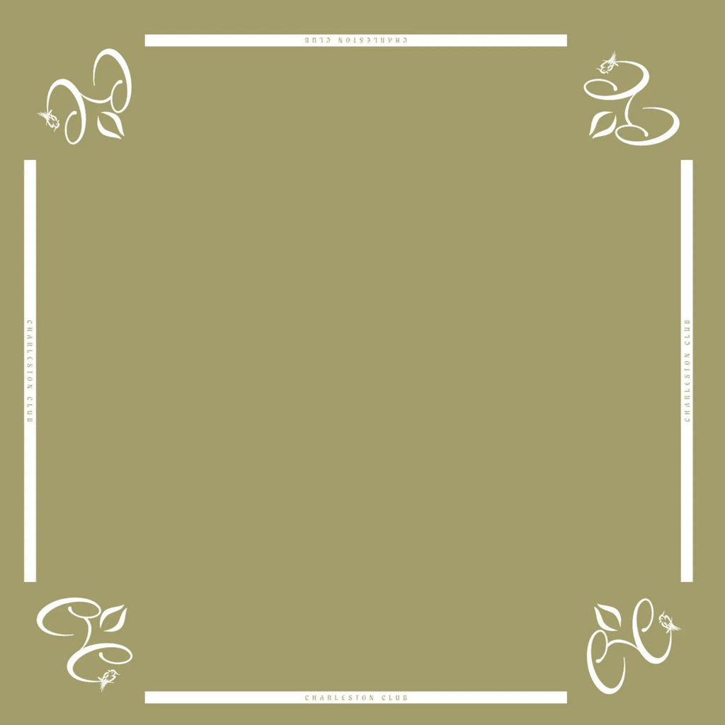 Khaki Charleston Club mahjong table mat with minimalist border design and corner branding