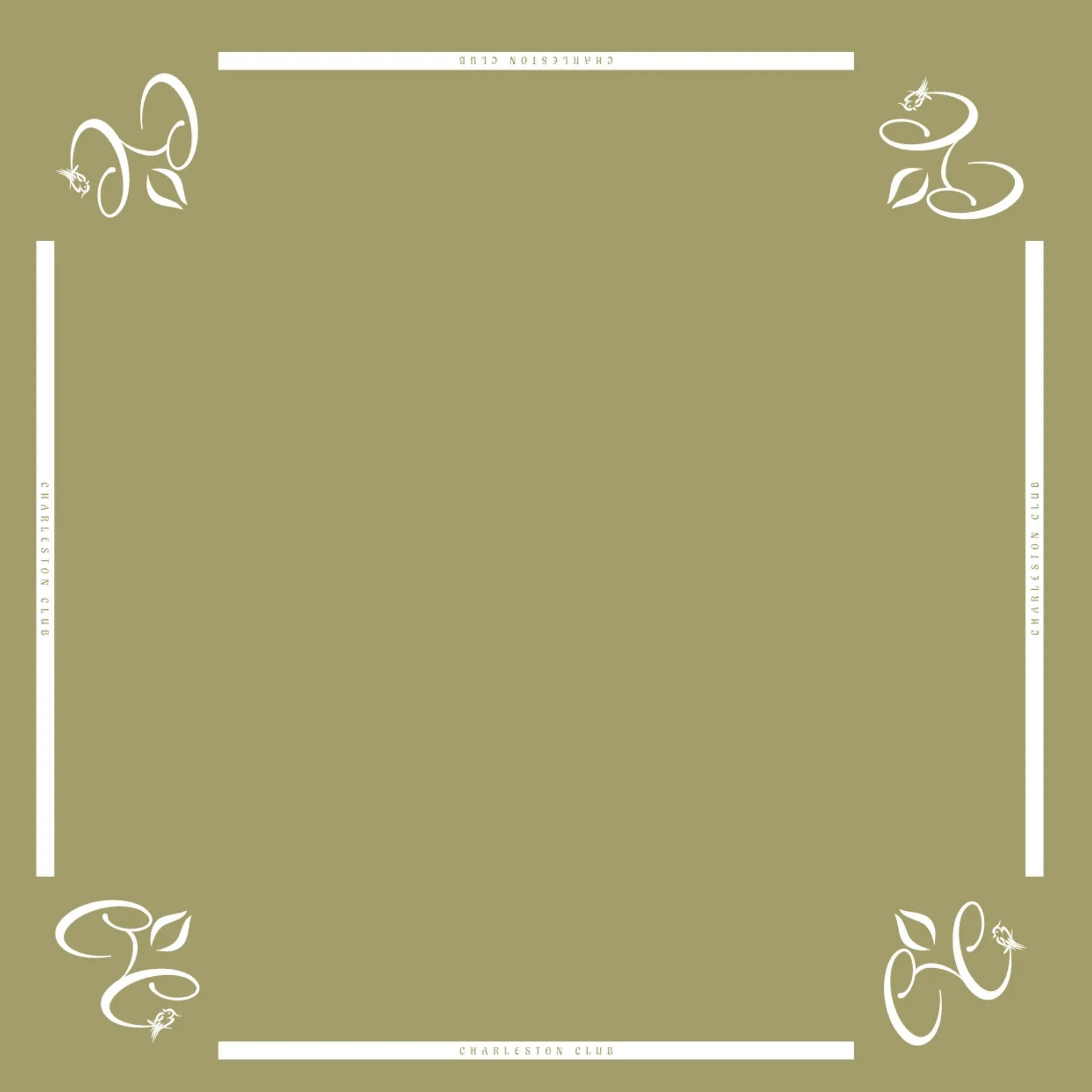 Khaki Charleston Club mahjong table mat with minimalist border design and corner branding